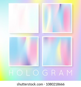 Holographic foil backgrounds set. Colorful gradient backdrop with holographic foil. 90s, 80s retro style. Pearlescent graphic template for brochure, flyer, poster, wallpaper, mobile screen.