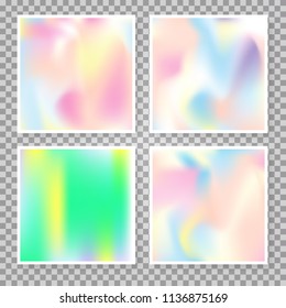 Holographic foil backgrounds set. Colorful gradient backdrop with holographic foil. 90s, 80s retro style. Iridescent graphic template for banner, flyer, cover, mobile interface, web app.
