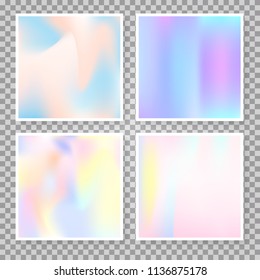 Holographic foil backgrounds set. Futuristic gradient backdrop with holographic foil. 90s, 80s retro style. Pearlescent graphic template for brochure, flyer, poster, wallpaper, mobile screen.