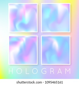 Holographic foil backgrounds set. Liquid gradient backdrop with holographic foil. 90s, 80s retro style. Pearlescent graphic template for brochure, flyer, poster, wallpaper, mobile screen.