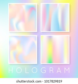 Holographic foil backgrounds set. Minimal gradient backdrop with holographic foil. 90s, 80s retro style. Pearlescent graphic template for banner, flyer, cover, mobile interface, web app.
