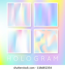 Holographic foil backgrounds set. Minimal gradient backdrop with holographic foil. 90s, 80s retro style. Iridescent graphic template for brochure, flyer, poster, wallpaper, mobile screen.