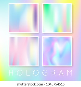 Holographic foil backgrounds set. Multicolor gradient backdrop with holographic foil. 90s, 80s retro style. Pearlescent graphic template for banner, flyer, cover, mobile interface, web app.