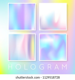 Holographic foil backgrounds set. Multicolor gradient backdrop with holographic foil. 90s, 80s retro style. Pearlescent graphic template for banner, flyer, cover, mobile interface, web app.