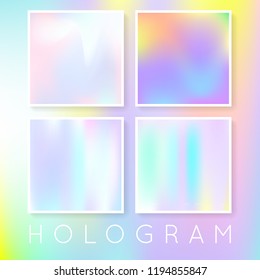 Holographic foil backgrounds set. Multicolor gradient backdrop with holographic foil. 90s, 80s retro style. Iridescent graphic template for brochure, flyer, poster, wallpaper, mobile screen.