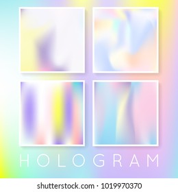 Holographic foil backgrounds set. Plastic gradient backdrop with holographic foil. 90s, 80s retro style. Pearlescent graphic template for banner, flyer, cover, mobile interface, web app.