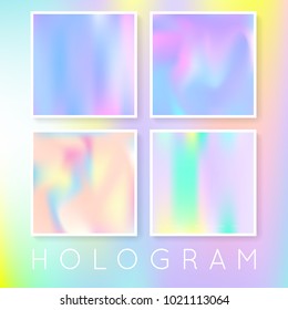 Holographic foil backgrounds set. Plastic gradient backdrop with holographic foil. 90s, 80s retro style. Pearlescent graphic template for banner, flyer, cover, mobile interface, web app.