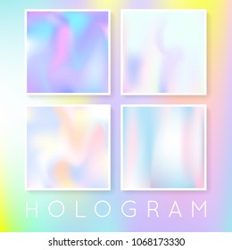 Holographic foil backgrounds set. Plastic gradient backdrop with holographic foil. 90s, 80s retro style. Iridescent graphic template for brochure, flyer, poster, wallpaper, mobile screen.