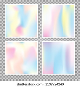 Holographic foil backgrounds set. Plastic gradient backdrop with holographic foil. 90s, 80s retro style. Pearlescent graphic template for banner, flyer, cover, mobile interface, web app.