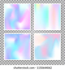 Holographic foil backgrounds set. Stylish gradient backdrop with holographic foil. 90s, 80s retro style. Iridescent graphic template for banner, flyer, cover, mobile interface, web app.