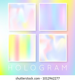 Holographic foil backgrounds set. Trendy gradient backdrop with holographic foil. 90s, 80s retro style. Pearlescent graphic template for brochure, flyer, poster, wallpaper, mobile screen.