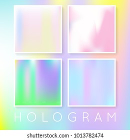 Holographic foil backgrounds set. Trendy gradient backdrop with holographic foil. 90s, 80s retro style. Pearlescent graphic template for brochure, flyer, poster, wallpaper, mobile screen.