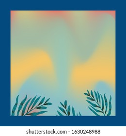 Holographic foil frame with leaves on the blue background.Design space and copy space. Fantasy floral leaf art illustration. Decoration elements vector.