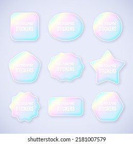 Holographic Foil Stickers. Set of Iridescent Rainbow Labels. Different Shapes.  Design Elements. Vector Illustration.