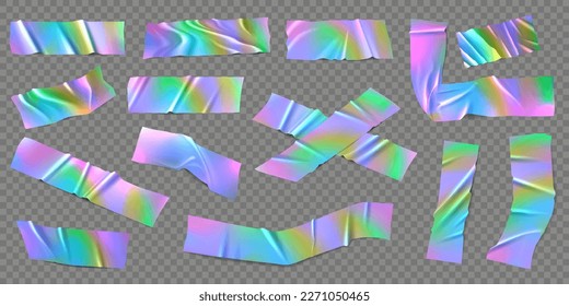 Holographic foil tape. Realistic iridescent rainbow colored adhesive tapes, holo patch decorative pieces vector set. Glossy metallic effect with wrinkled texture, sticky elements for scrapbooking