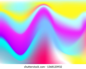 Holographic foil - vector banner background. Rainbow multicolor stylish fashion poster. Smooth wave lines blue, pink, purple colors. Retro 80's neon covers. Technological digital art screen saver