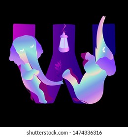 The holographic font of the elephant. Children's font with an elephant. The alphabet elephants