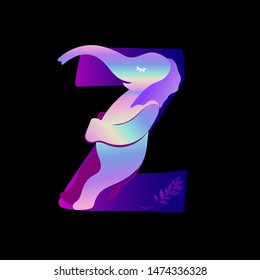 The holographic font of the elephant. Children's font with an elephant. The alphabet elephants