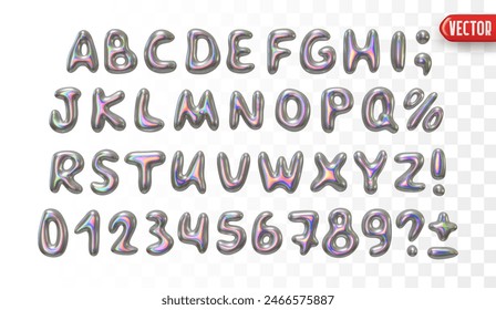 Holographic font set in metallic colors realistic 3d design, featuring uppercase letters, numbers, and special characters. Liquid metal chrome shaped alphabet. Vector illustration