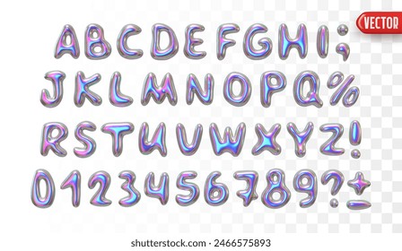 Conjunto de fuentes holográficas en colores metálicos diseño 3d realista, con letras mayúsculas, números y caracteres especiales. Alfabeto en forma de cromo de metal líquido. Ilustración vectorial