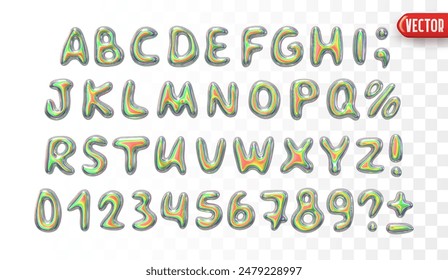 Holographic font set in metallic colors realistic 3d design, featuring uppercase letters, numbers, and special characters. Liquid metal chrome shaped alphabet. Vector illustration