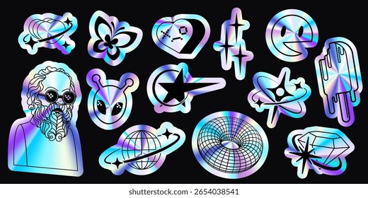 Holographic future sticker pack with y2k aesthetic - iridescent gradient alien and bearded man, butterfly, heart emoticon, orbital planet, torus grid and diamond. Retro futuristic metallic shine icons