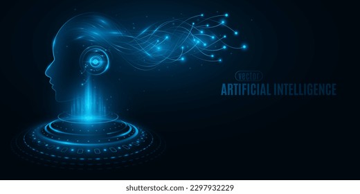 Holographic futuristic cyborg with artificial intelligence analyzes data information with neural networks. Glowing HUD elements. Cybernetic sci-fi concept. Vector illustration. EPS 10