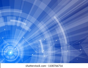 holographic futuristic display interface - abstract illustration on a blue background with radial UI / HUD elements, light or laser beams, a white digital wave of dots and connecting lines & triangles