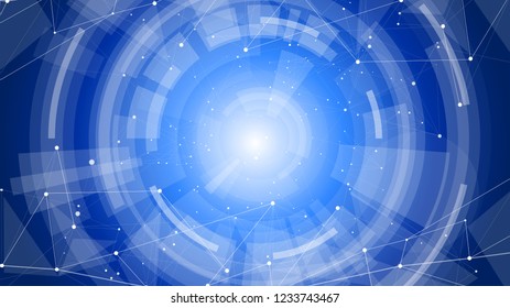 holographic futuristic display interface - abstract illustration on a blue background with radial UI / HUD elements, light or laser beams, a white digital wave of dots and connecting lines & triangles