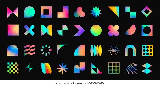 Holographic geometric forms, abstract brutalism shapes with iridescent foil effect. Shiny metallic rainbow stickers of different shapes, colorful neon gradient graphic design element vector set