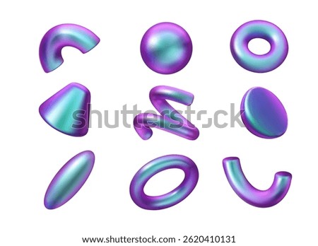 Holographic geometric shape vector 3d set. Abstract metallic hologram icon collection. Sphere, cone, swirl, torus figures. Iridescent blue and pink gradient design elements