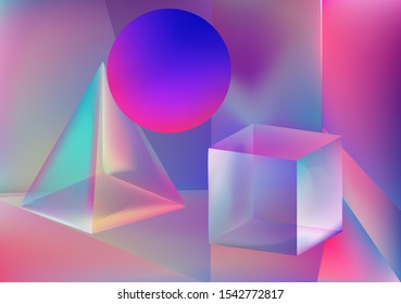 Holographic geometric shapes: prism, pyramid, sphere and cube. Vaporwave   and synthwave style illustration.