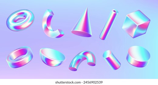 Holographic geometric shapes realistic vector illustration set. Iridescent figures trendy design. Floating 3d objects on purple background