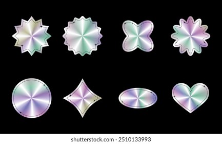 Holographic geometric shapes sticker set.Y2k aesthetics.Vector stock illustration.