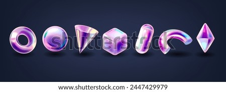 Holographic Geometric Shapes, Vector 3d Render Sphere, Torus or Ring, Cube, Tube, Cone, Crystal or Semi-Ring
