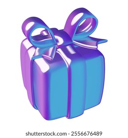 Holographic gift box 3d vector icon. Purple and blue metallic gradient birthday present or Christmas surprise illustration isolated on white background.