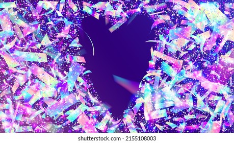 Holographic Glare. Glitch Effect. Violet Metal Tinsel. Blur Flyer. Flying Art. Iridescent Texture. Party Vaporwave Serpentine. Fiesta Foil. Purple Holographic Glare