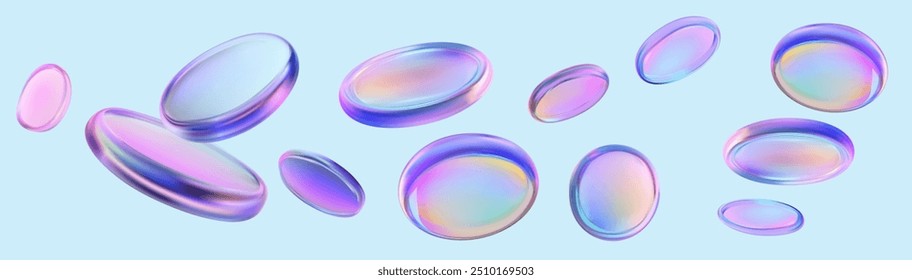 Holographic glass circles various colors 3D. Flying pink neon holographic podium. Vector illustration