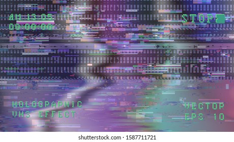 Holographic Glitch Camera Effect. Retro VHS Background Like In Old 90s Video Tape Rewind Or No Signal TV Screen. Vaporwave/ Retrowave/ Synthwave Style Vector Illustration.