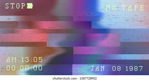 Holographic glitch camera effect. Retro VHS background like in old 90s video tape rewind or no signal TV screen. Vaporwave/ retrowave/ synthwave style vector illustration.