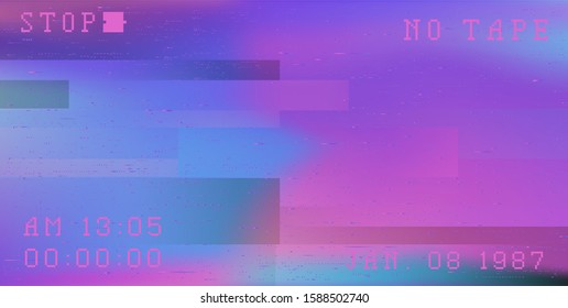 Holographic glitch camera effect. Retro VHS background like in old 90s video tape rewind or no signal TV screen. Vaporwave/ retrowave/ synthwave style vector illustration.