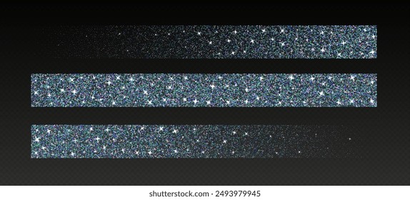 Holographic glitter brush strokes, shimmer spray effect, luxury shimmery particles, festive holiday sparkles, shiny star dust lines isolated on a dark background. Christmas decoration.