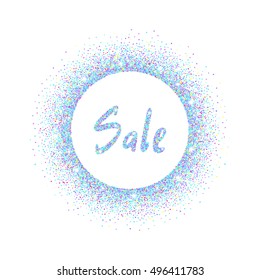 Holographic glitter confetti with text Sale and neon circle frame.