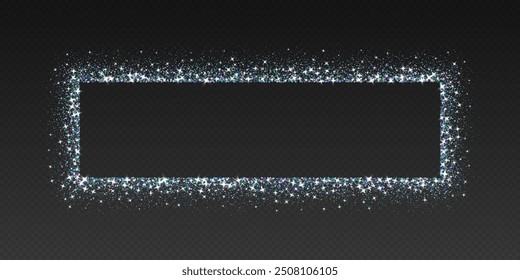 Holographic glitter frame, shimmering border in rectangular shape, festive holiday sparkles. Christmas decoration. Vector illustration.