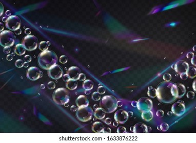 Holographic glitter with soap bubbles isolated on transparent background. Rainbow iridescent overlay texture. Vector foil hologram balls and spheres. 
