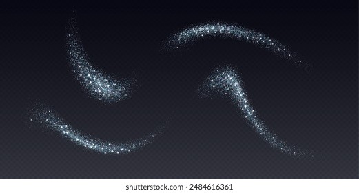 Holographic glitter splashes, shiny iridescent confetti, shimmer spray effect, festive holiday particles isolated on a dark background. Vector illustration.