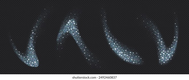 Holographic glitter splashes, shiny iridescent confetti, shimmer spray effect, festive holiday particles isolated on a dark background. Vector illustration.