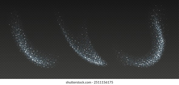 Salpicaduras de brillo holográfico, confeti iridiscente brillante, efecto de pulverización de brillo, partículas festivas de vacaciones aisladas sobre un fondo oscuro. Decoración navideña. Ilustración vectorial.