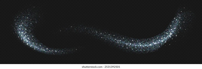 Holographic glitter splashes, shiny iridescent confetti, shimmer spray effect, festive holiday particles isolated on a dark background. Vector illustration. Christmas decoration.