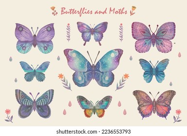 Holographic and glittery butterfly design element set vector